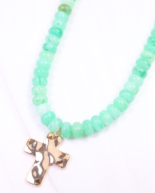 Spezia Beaded Hammered Cross Necklace Mint