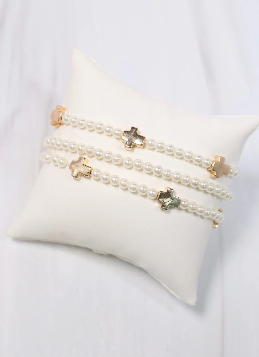 Meynell Cross Pearl Bracelet Set Cream