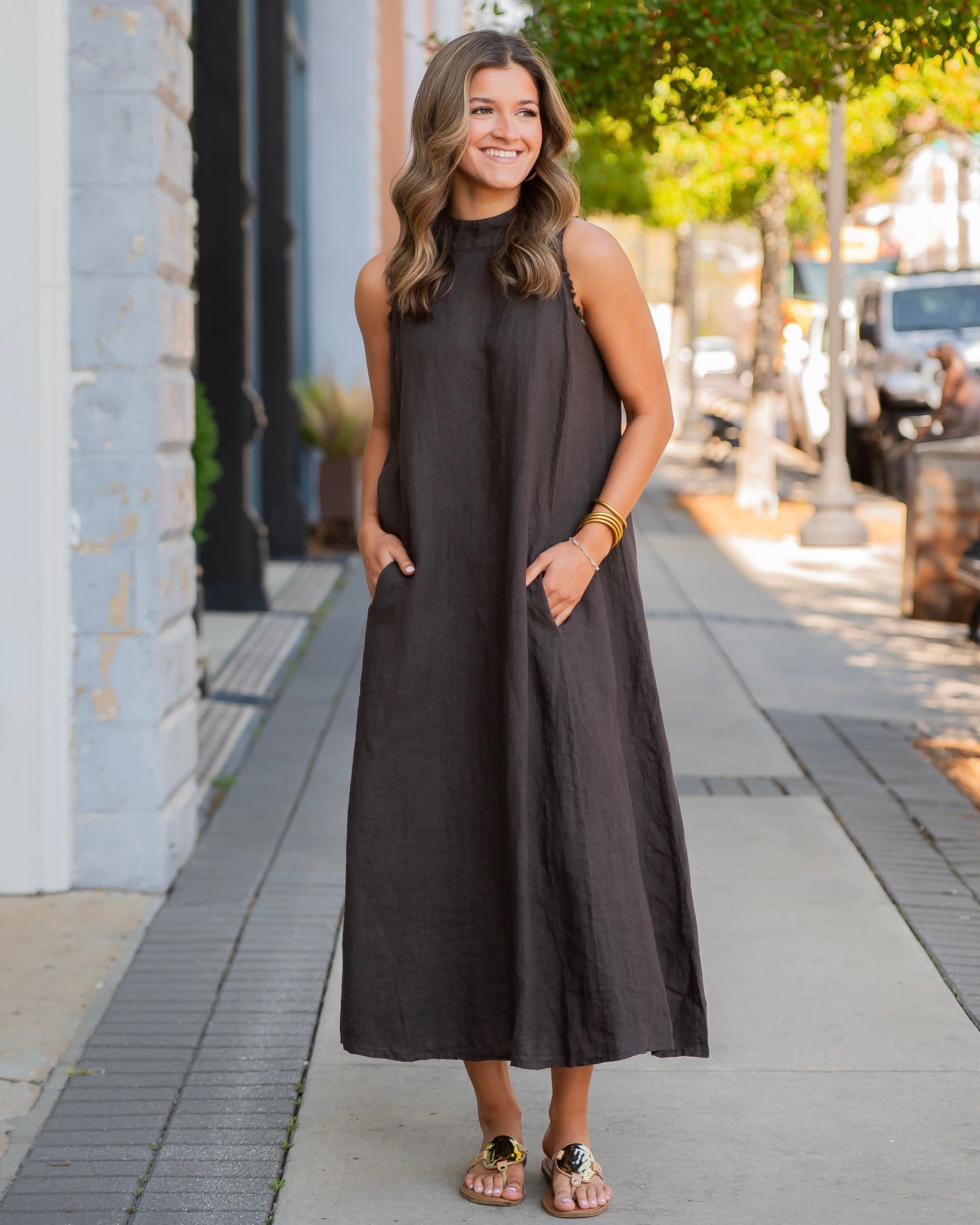 Madrid Mock Neck Linen Dress - Chocolate