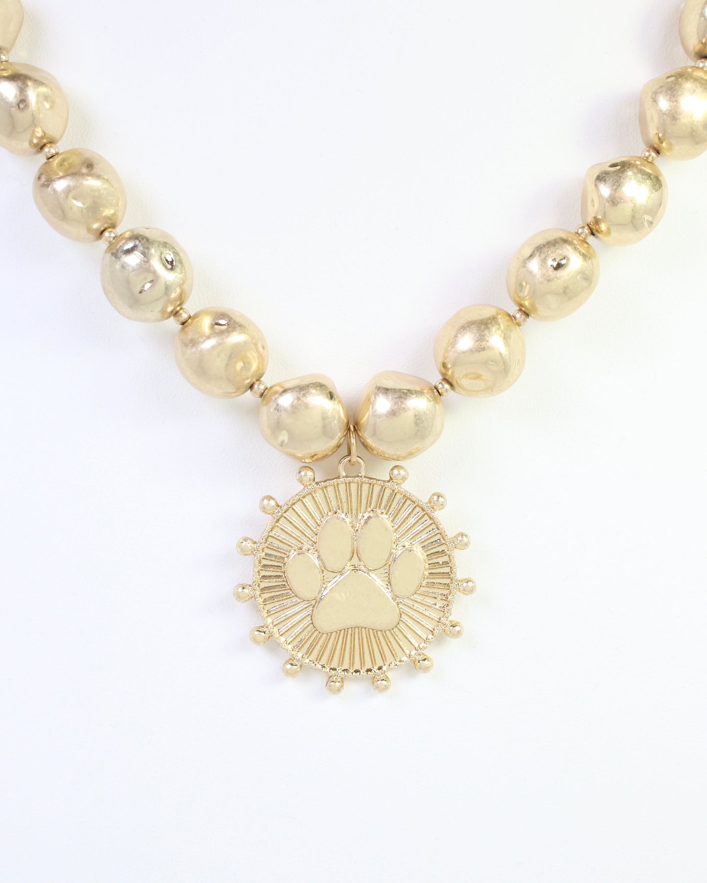 Carmen Beaded Coin Necklace-Paw Print Worn Gold