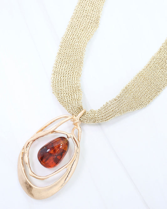 Powe Mesh and Stone Pendant Necklace WR Worn Gold