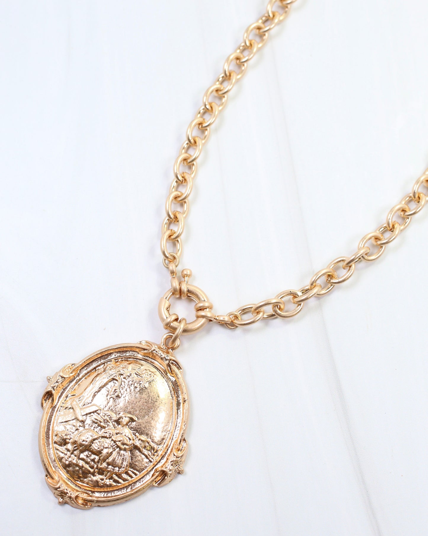Bria Oval Medallion Long Necklace Worn Gold