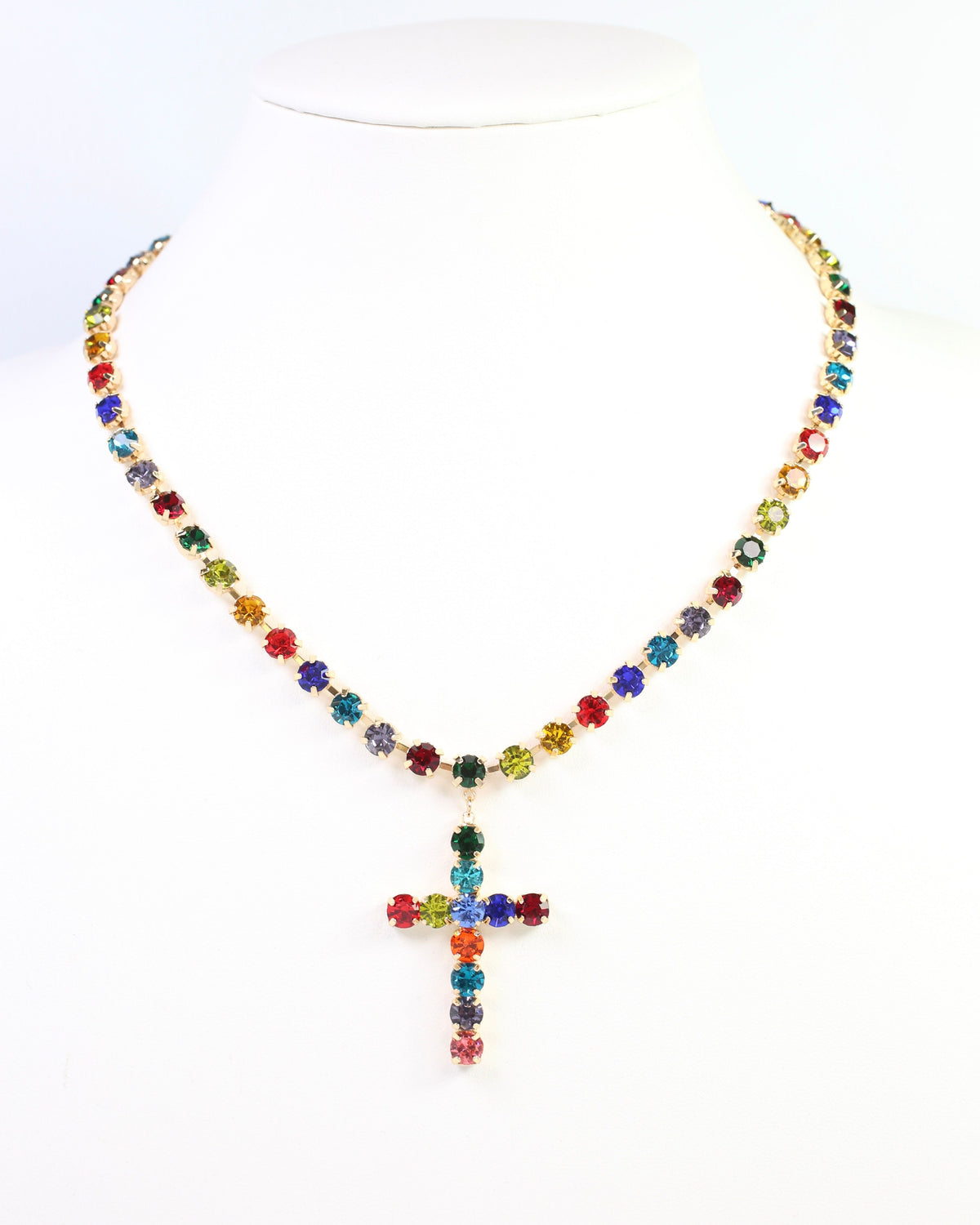 Melinda Crystal  Cross Necklace Dark Multi