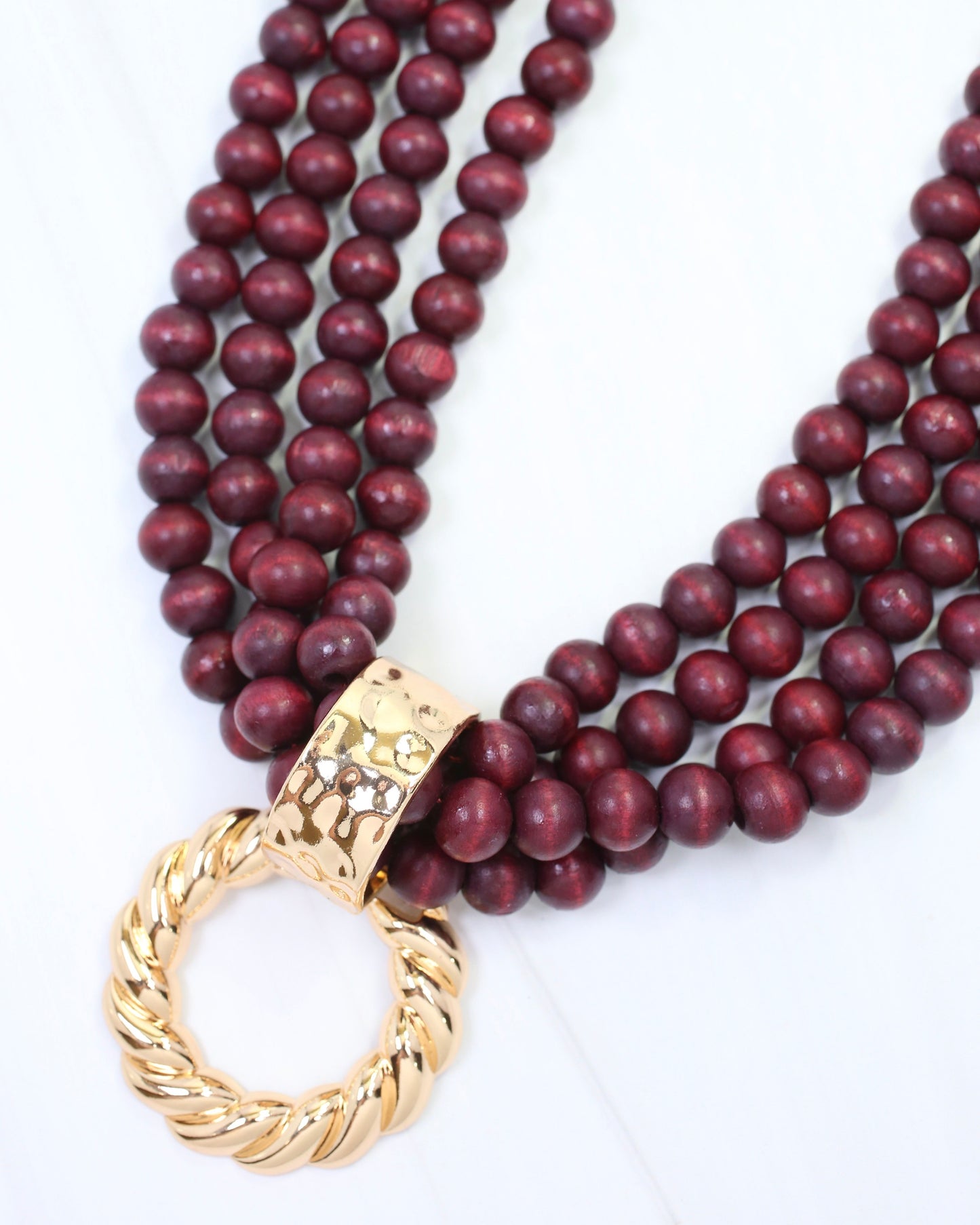 Margaux Wooden Bead Layered Necklace with Pendant Burgundy