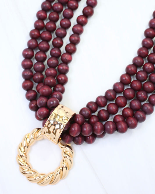 Margaux Wooden Bead Layered Necklace with Pendant Burgundy