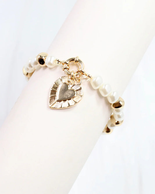 Benji Pearl and Heart Charm Bracelet Gold