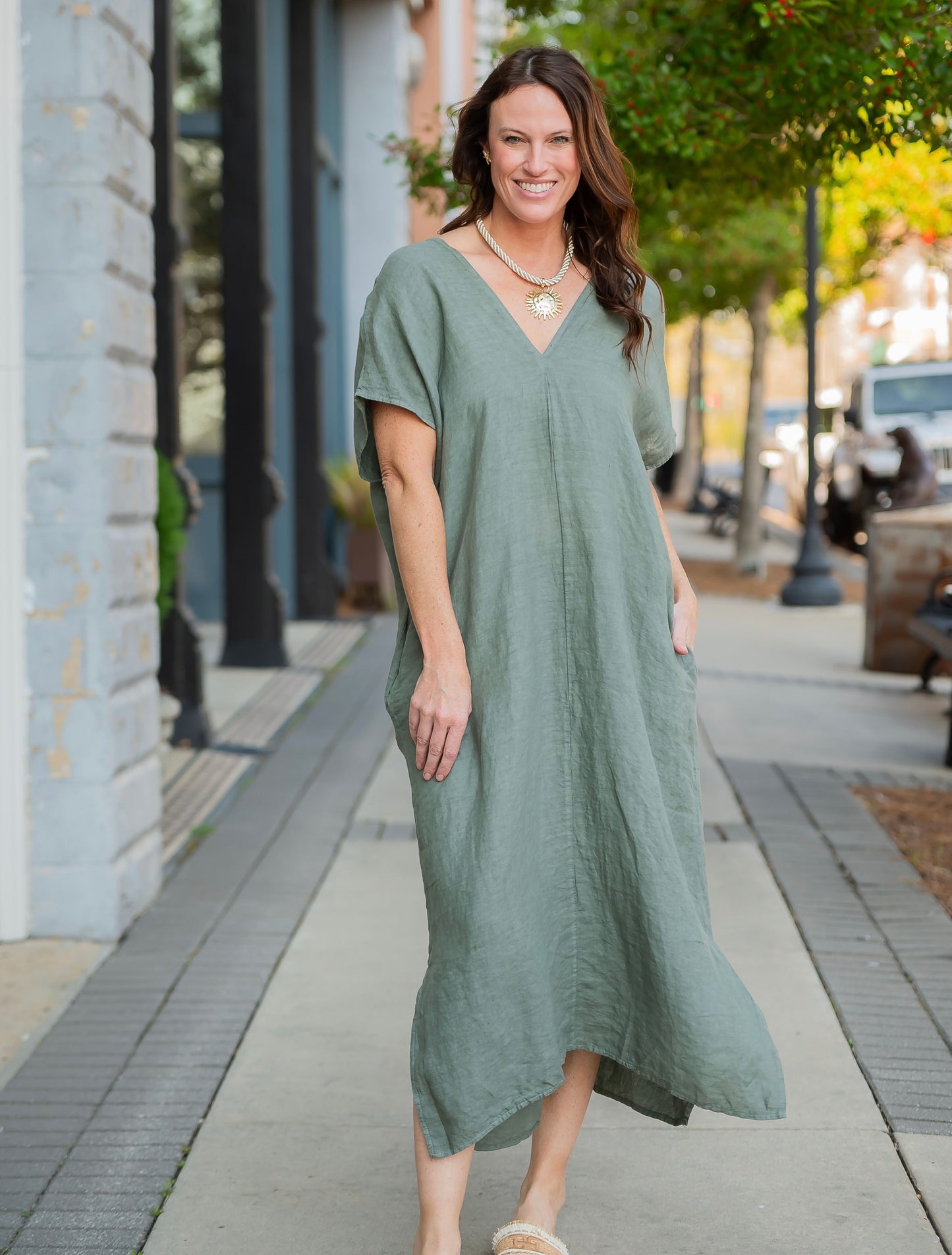 Thea Linen V-Neck Caftan Dress