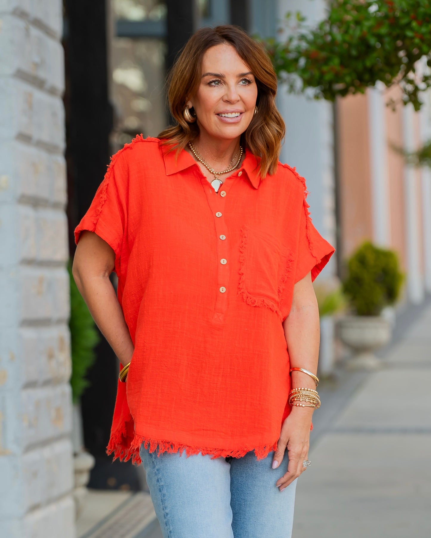 Mary Raw Edge Dolman Sleeve Popover Top