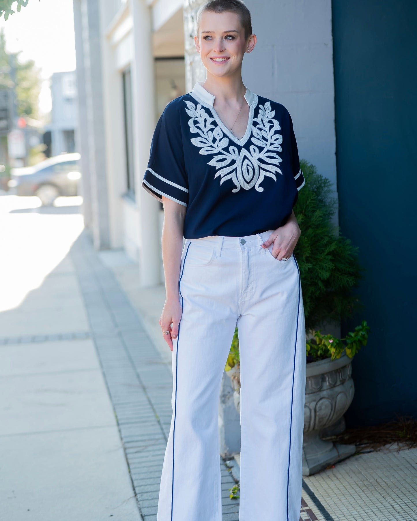 Florissant Embroidered Top-Navy