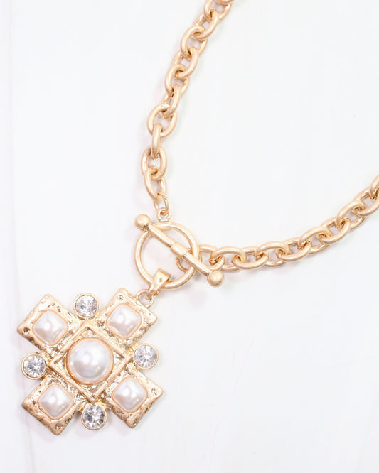 Elizabet Pearl Cross Necklace Worn Gold