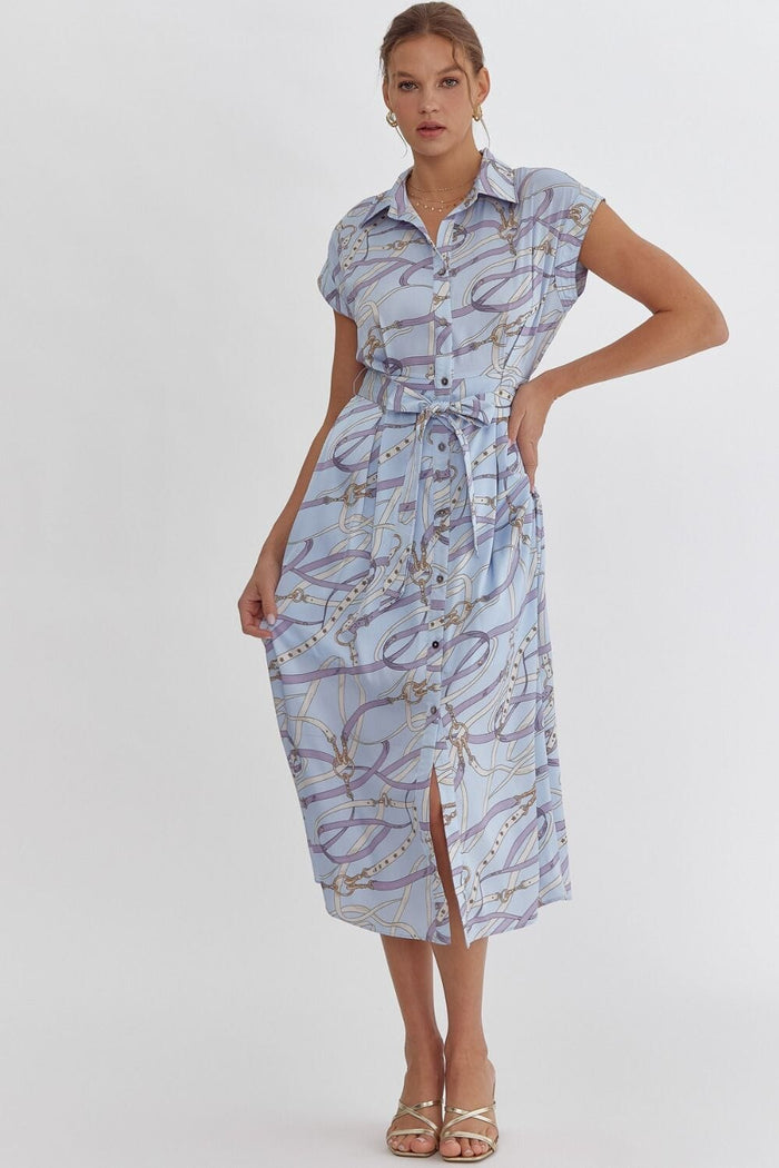 Lock and Chain Blue Printed Midi Dress - Caroline Hill