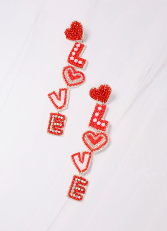 Love Embellished Drop Earring RED