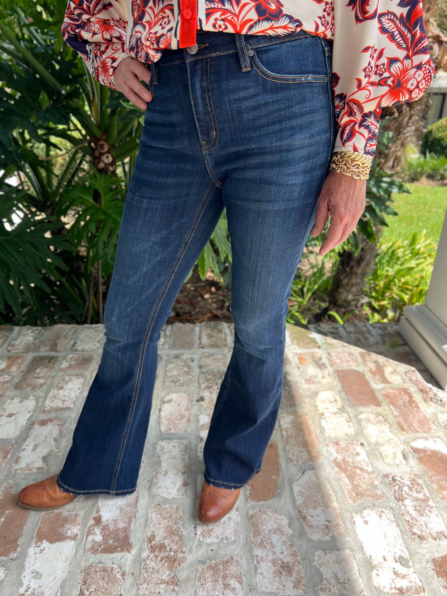 Lovely Day Petite Midrise Flare Jeans- Dark Denim - Caroline Hill