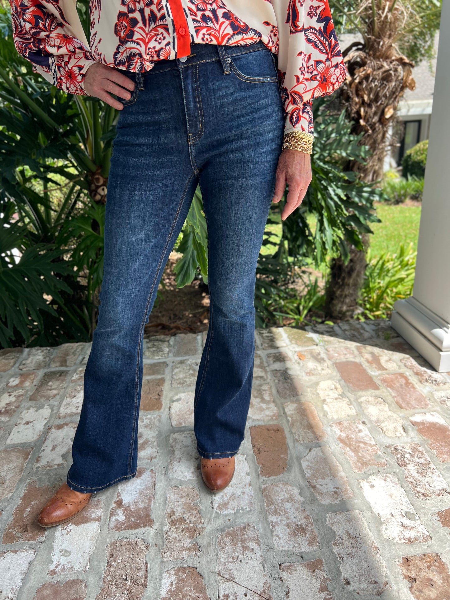 Lovely Day Petite Midrise Flare Jeans- Dark Denim - Caroline Hill