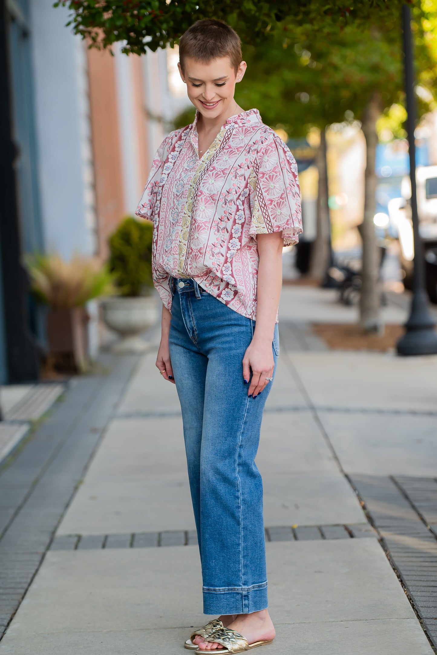 Blanche Ruffle Collar Floral Print Top-Red
