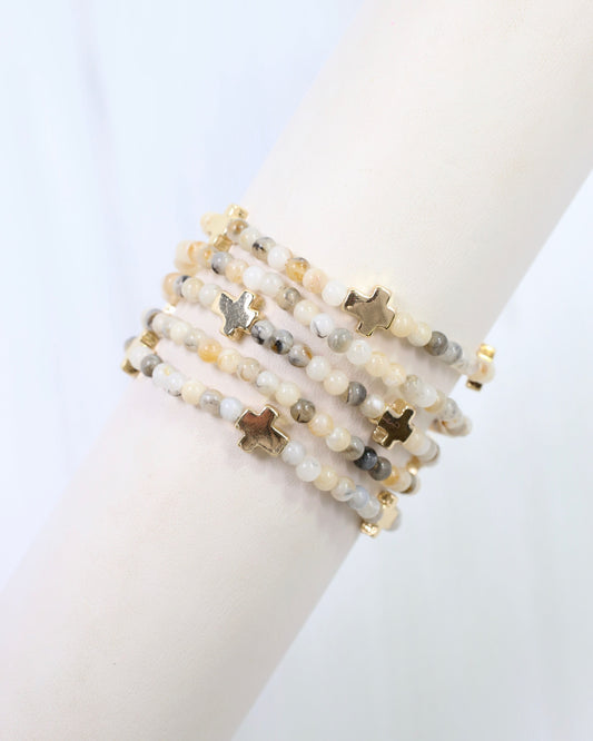 Flint Beaded Cross Stretch Bracelet Set Natural