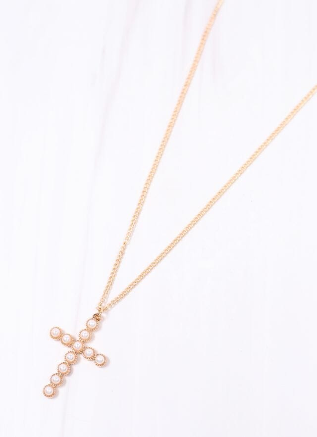 McKinley Pearl Cross Necklace GOLD - Caroline Hill