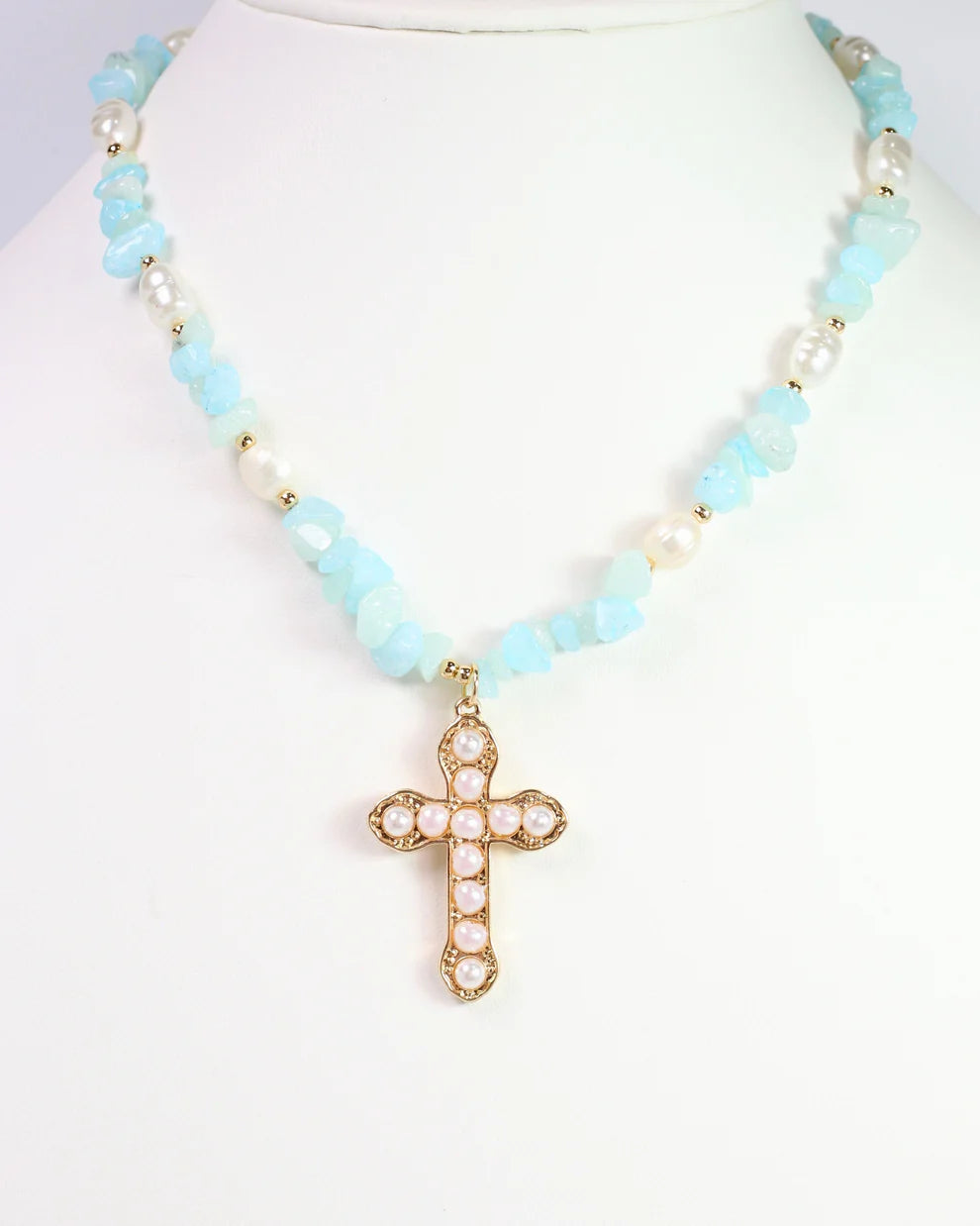 Ankara Mixed Bead Cross Necklace Gold