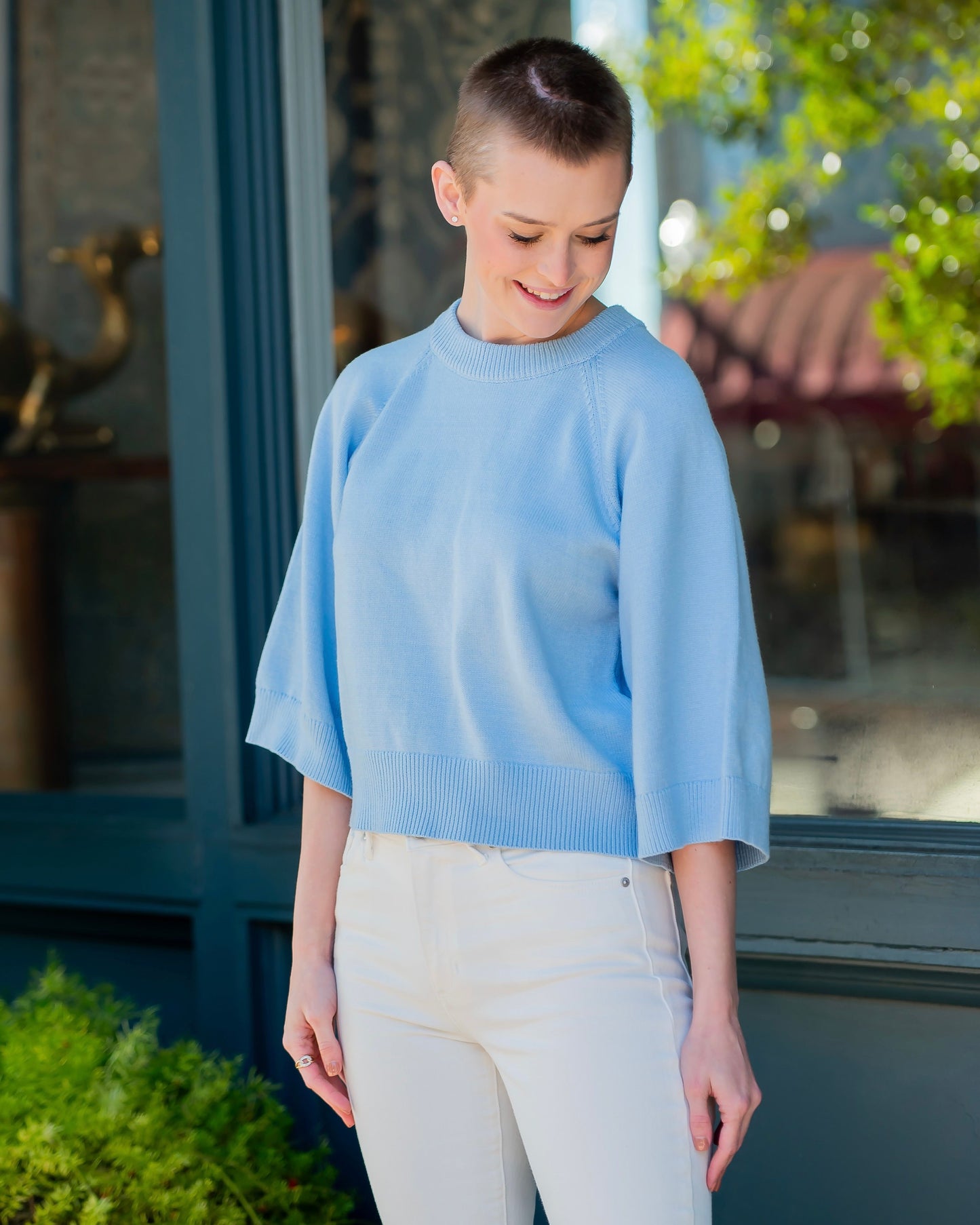 Creek Raglan 3/4 Sleeve Sweater Knit Top-Light Blue