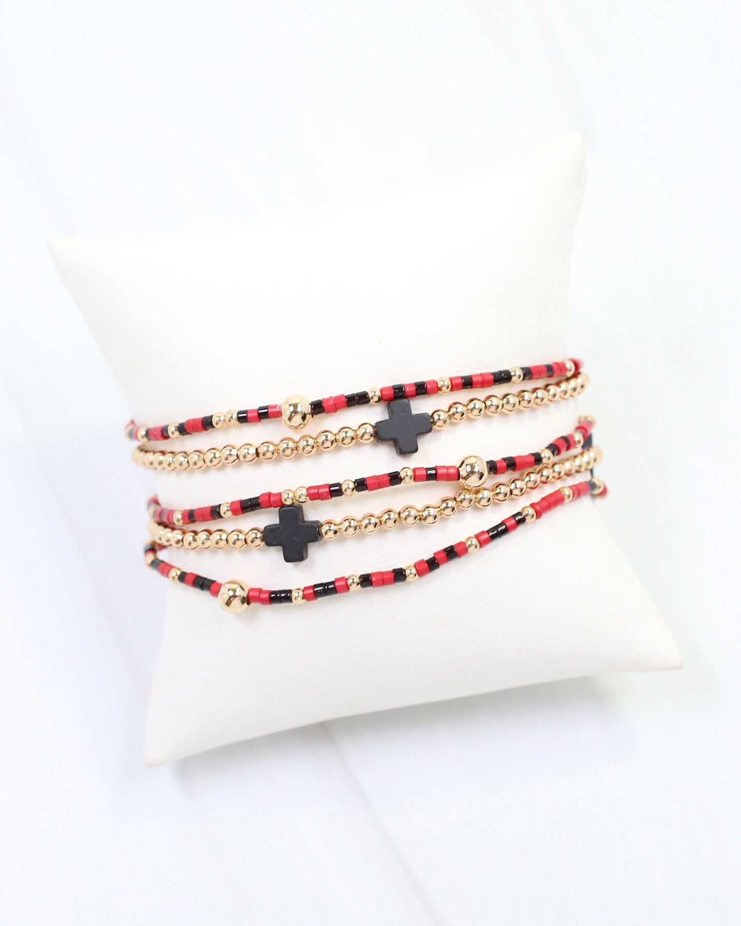 Felicity Beaded Cross Bracelet Set Red Black