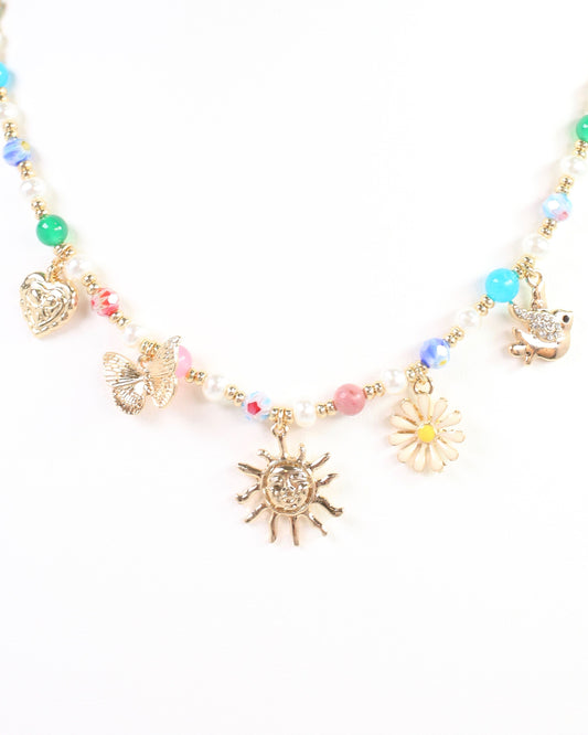Morro Bay Mixed Bead Charm Necklace Gold