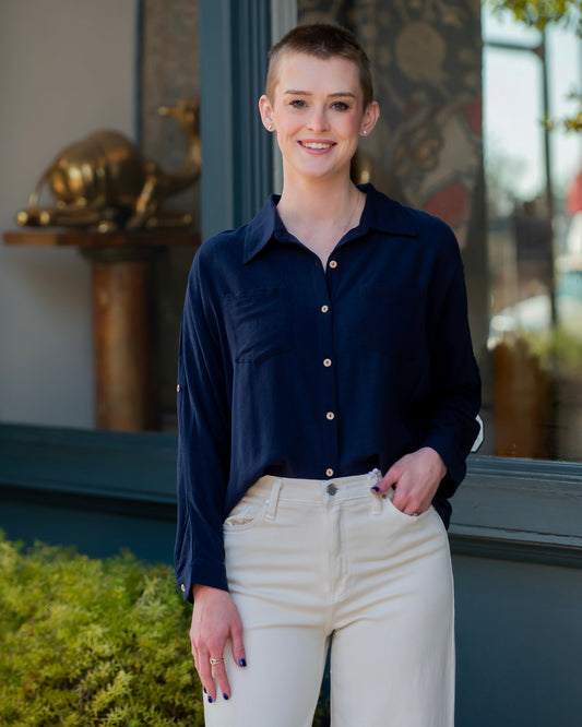 Lola Linen Long Sleeve Button Down Top-Navy