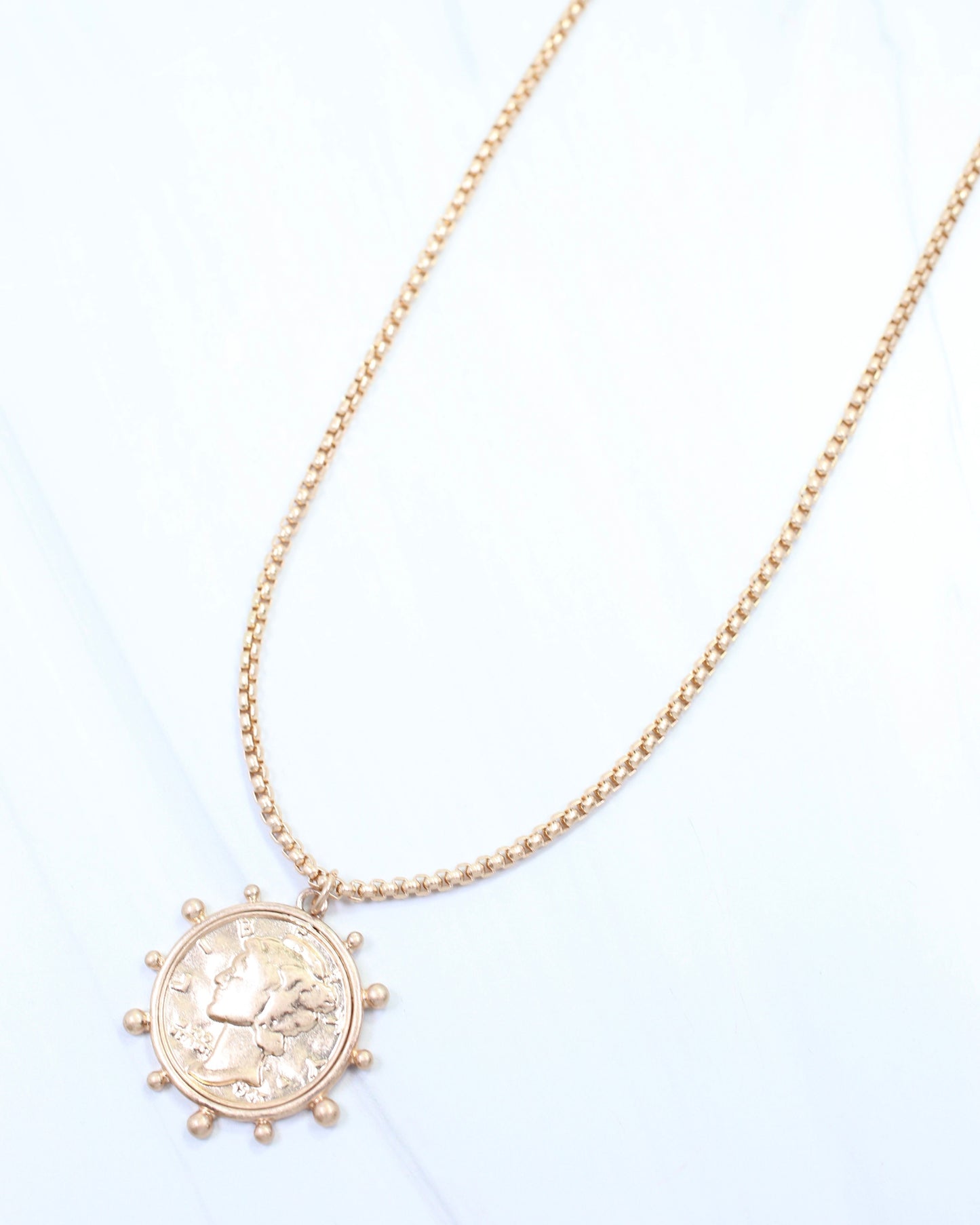 Celia Coin Pendant Chain Necklace Worn Gold