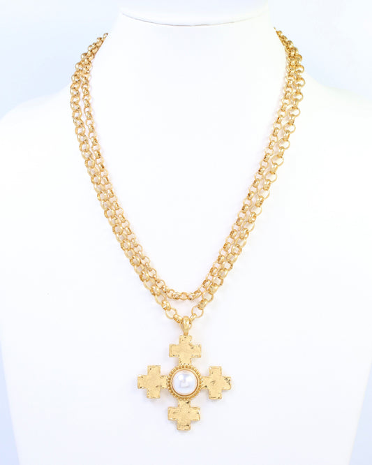 Highgrove Double Chain Cross Pendant Necklace Pearl