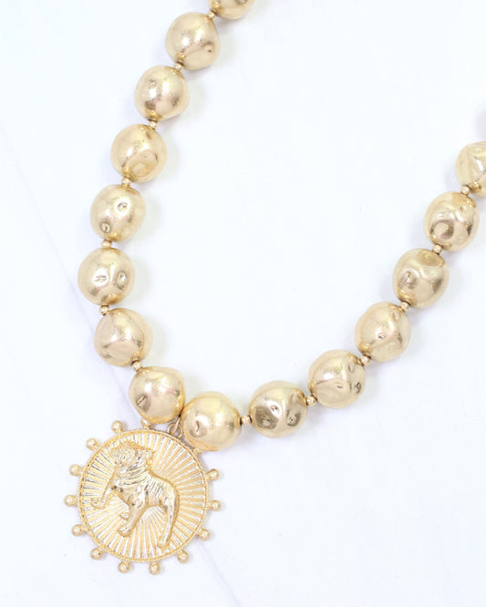 Carmen Beaded Coin Necklace-Standing Bulldog Worn Gold