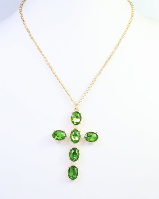 Gregory Glass Stone Cross Necklace Emerald