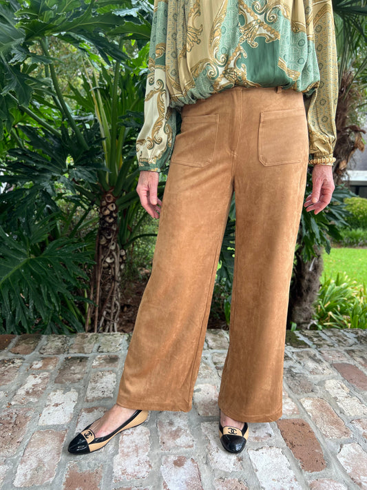 On The Clock Camel Faux Suede Pants - Caroline Hill