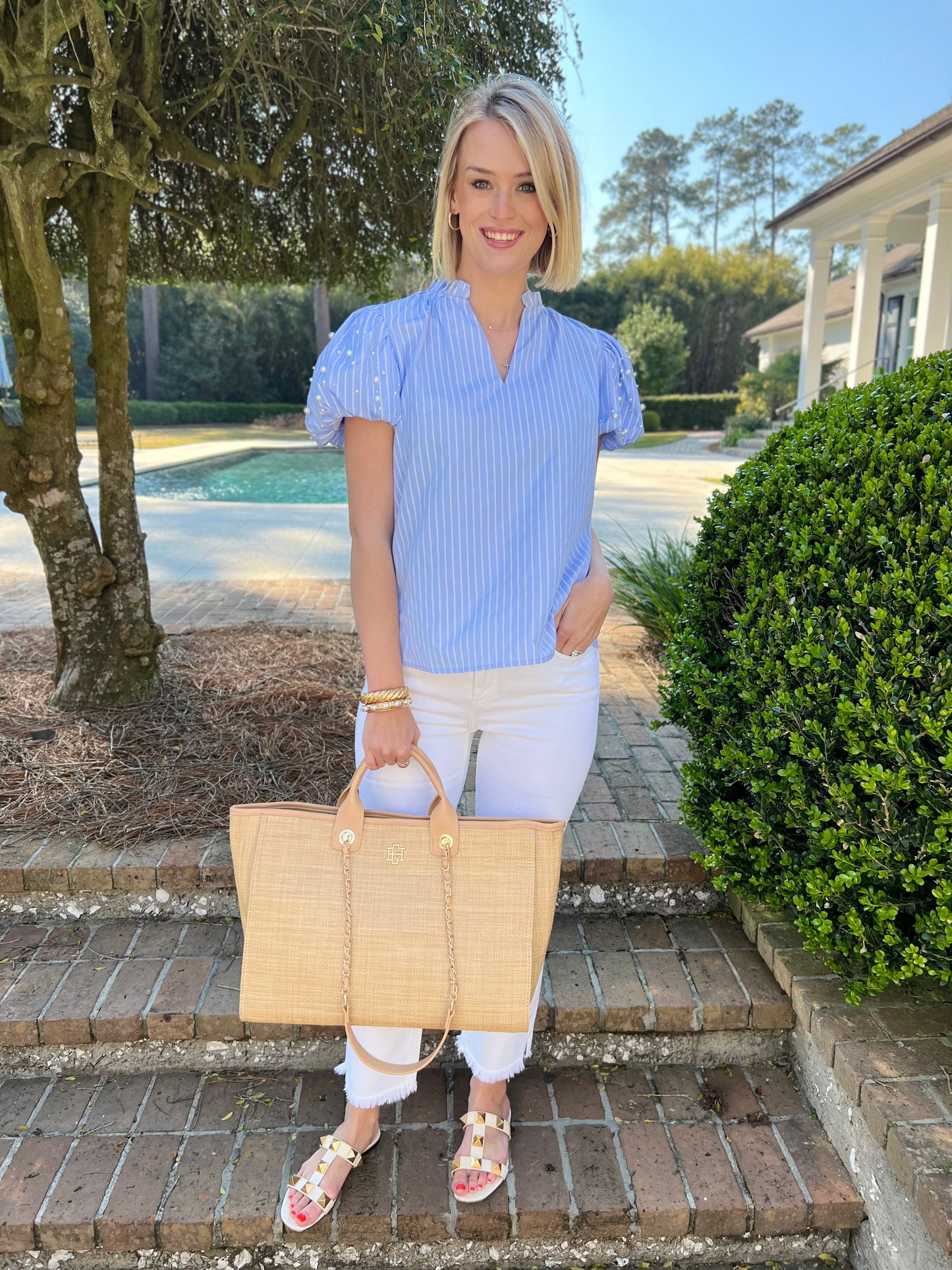 Meeting Time Blue Stripe Short Sleeve Top