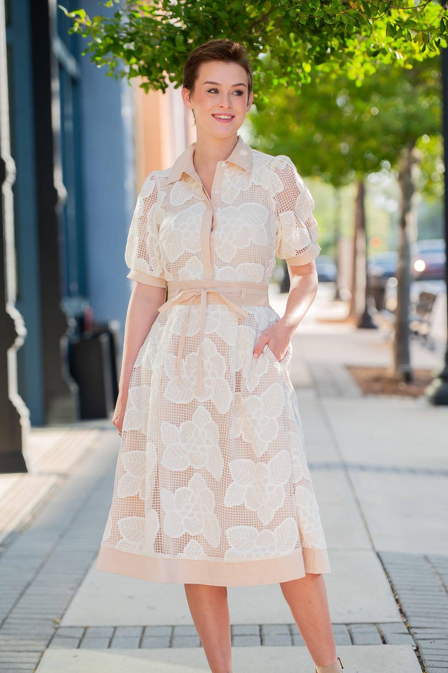Posey Floral Lace Collared Midi Dress