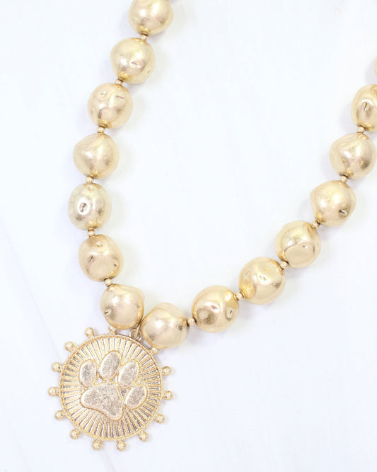 Carmen Beaded Coin Necklace-Paw Print Worn Gold
