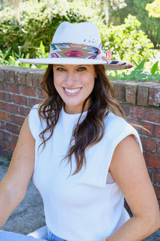 Lucie Hat with Aztec Accents Ivory