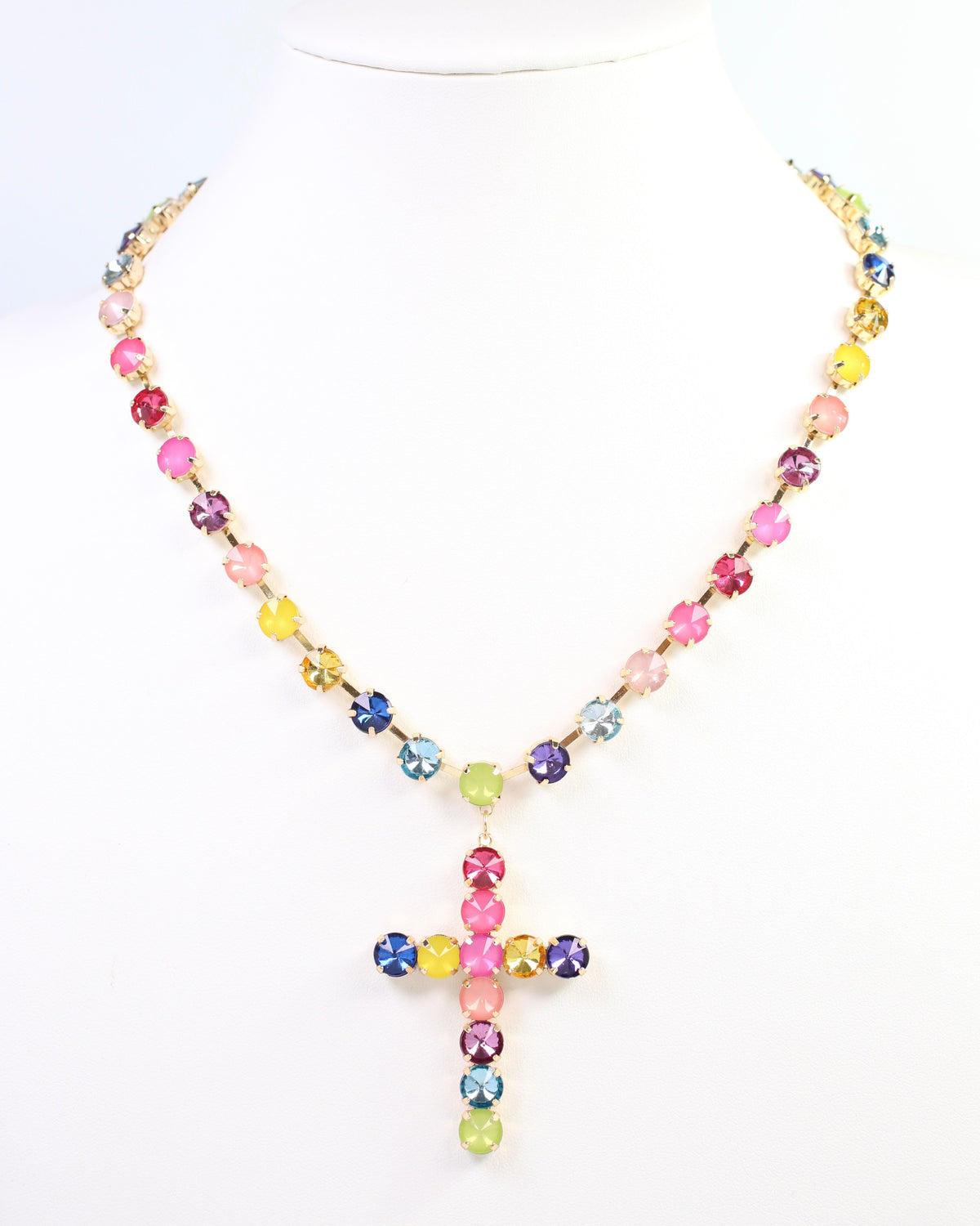 Shalimar Small Cross Rhinestone Necklace Rainbow