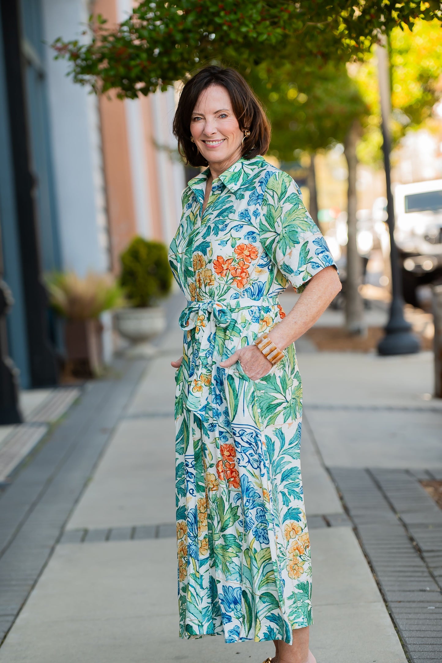 Maya Tropical Print Button Down Dress-Off White