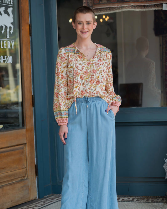 Pekin Printed Tie Neck Peasant Blouse