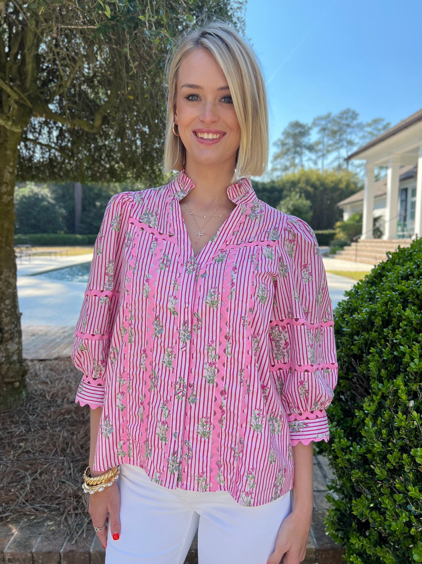 Delight In Me Pink Floral Striped Top