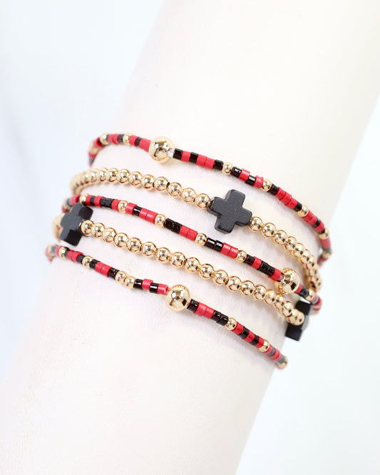 Felicity Beaded Cross Bracelet Set Red Black