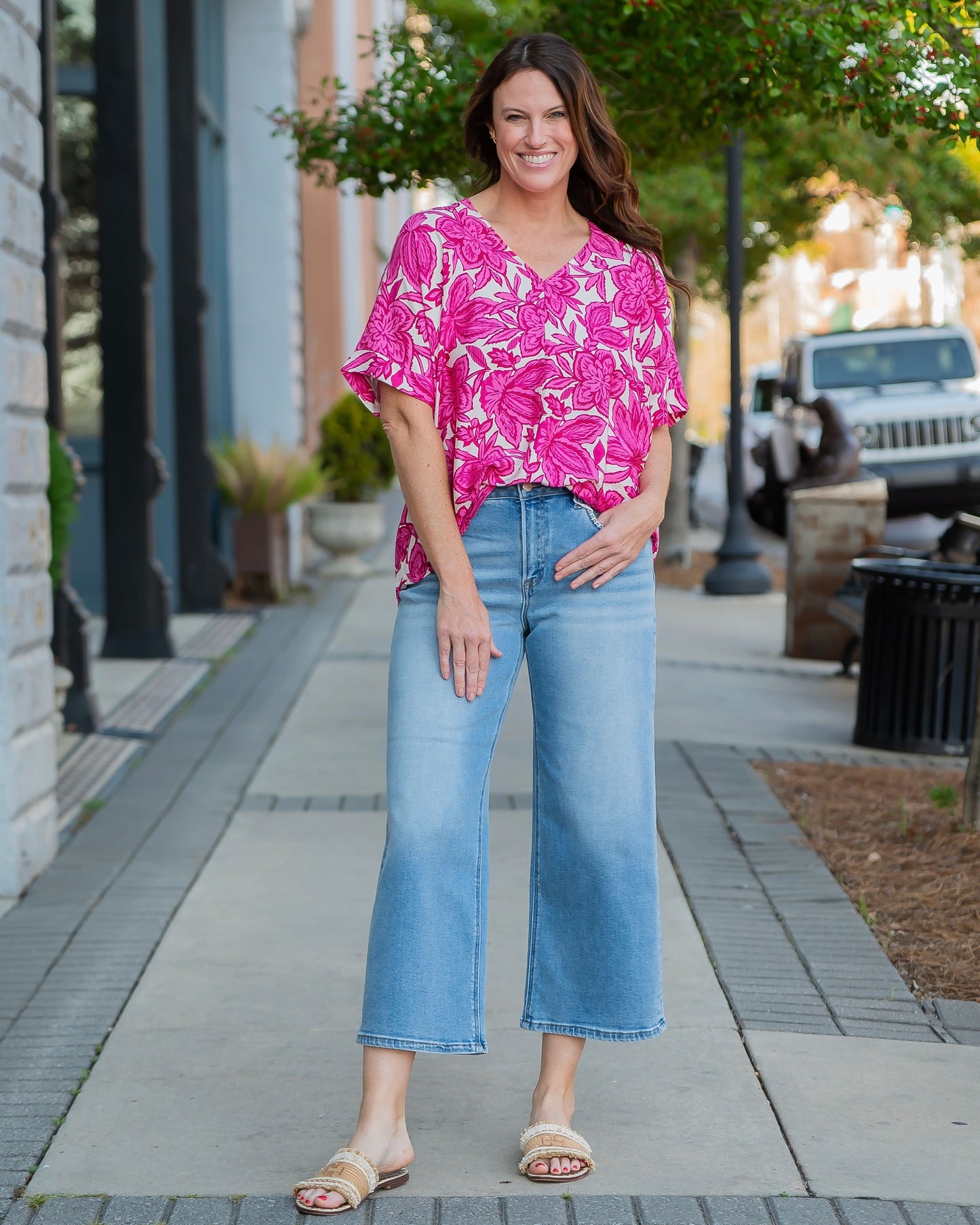 Maryville Drop Shoulder Floral Top-Fuchsia