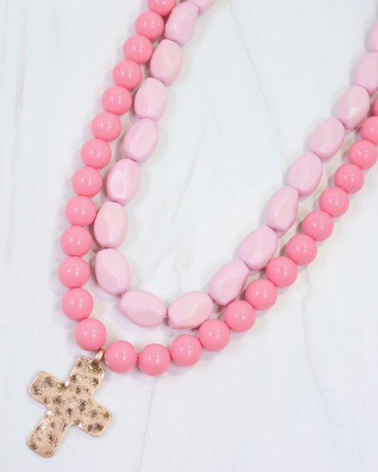 Pedy Cross Layered Beaded Necklace Pink
