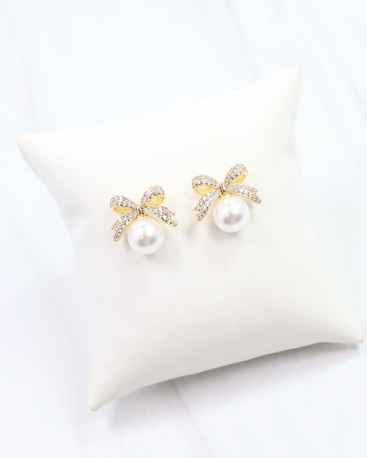 Mandy Pearl and CZ Bow Earring Gold