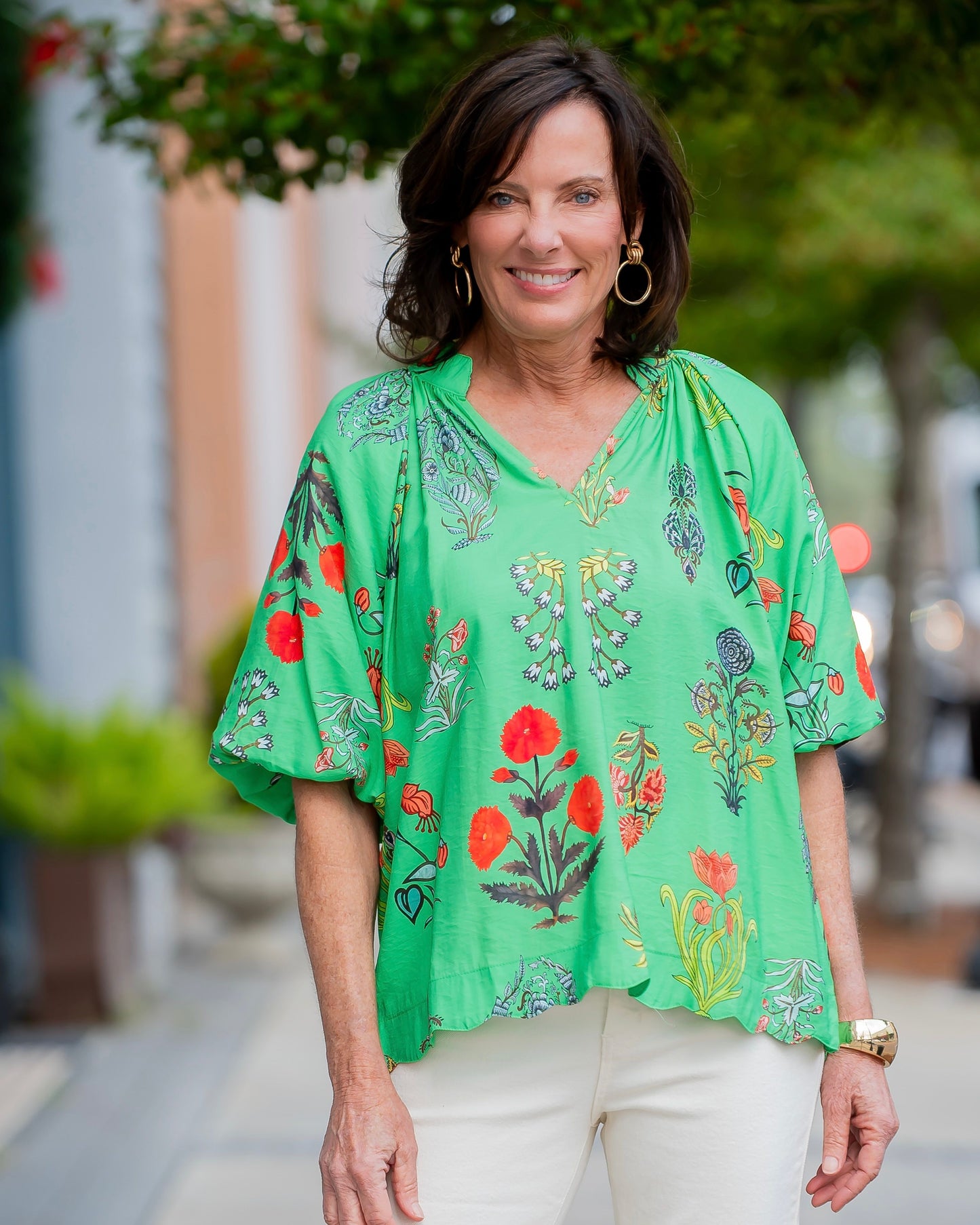 Coralville Floral Print Top-Green Mix