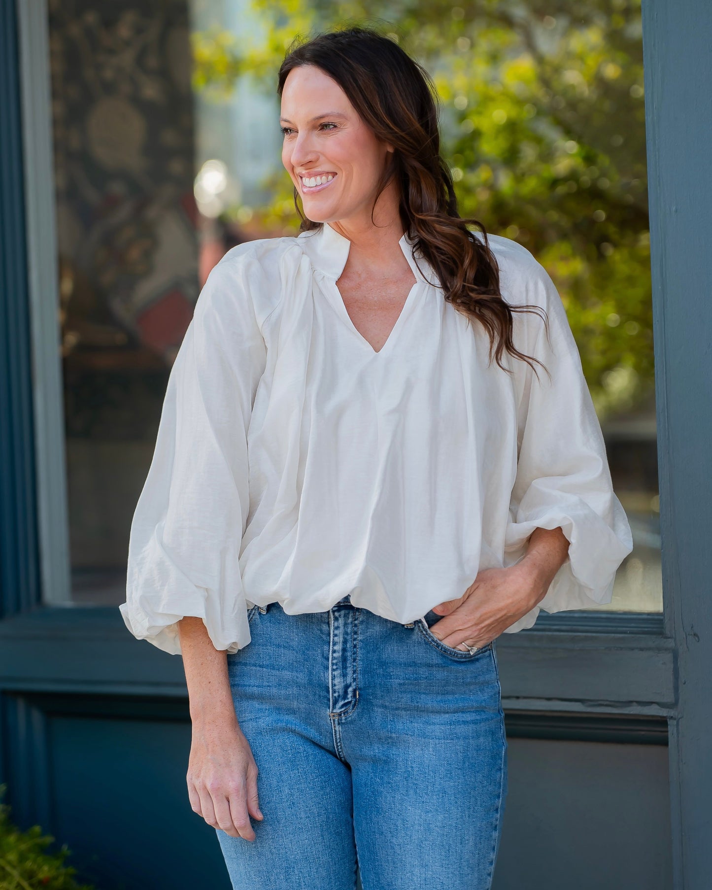 Coast Bubble Hem Top-Ecru