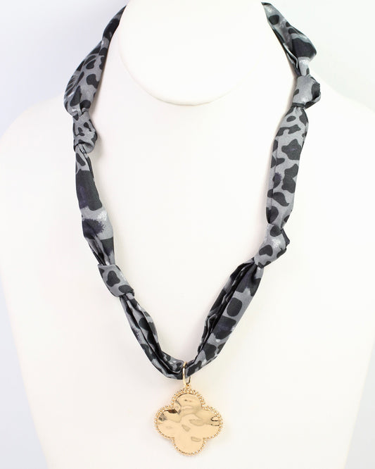Moline Clover Charm Scarf Necklace Gray Leopard