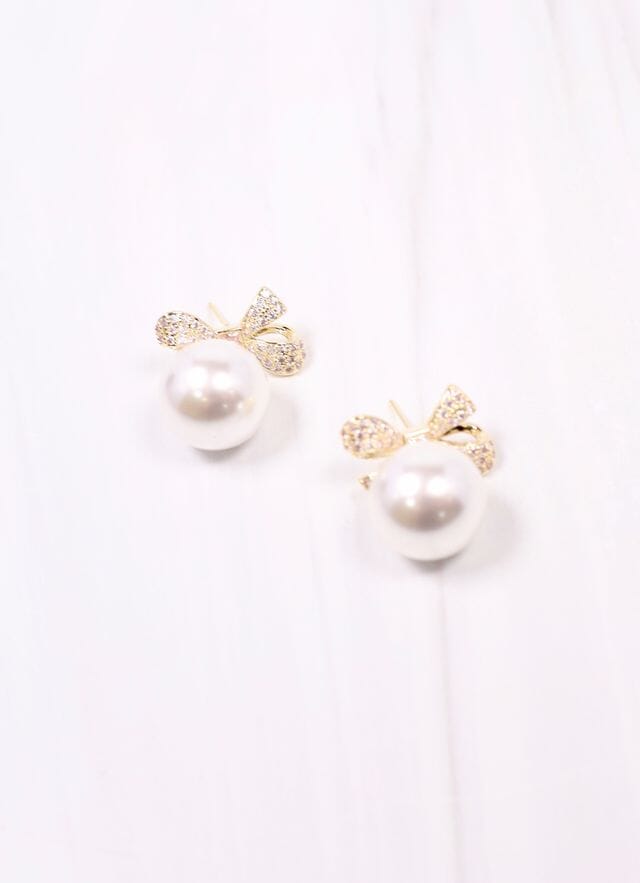 Sherry CZ Bow Earring with Pearl GOLD - Caroline Hill