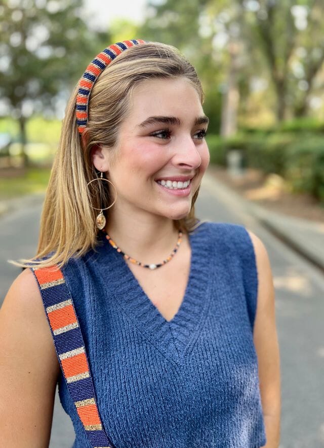 Sloane Striped Headband ORANGE NAVY - Caroline Hill