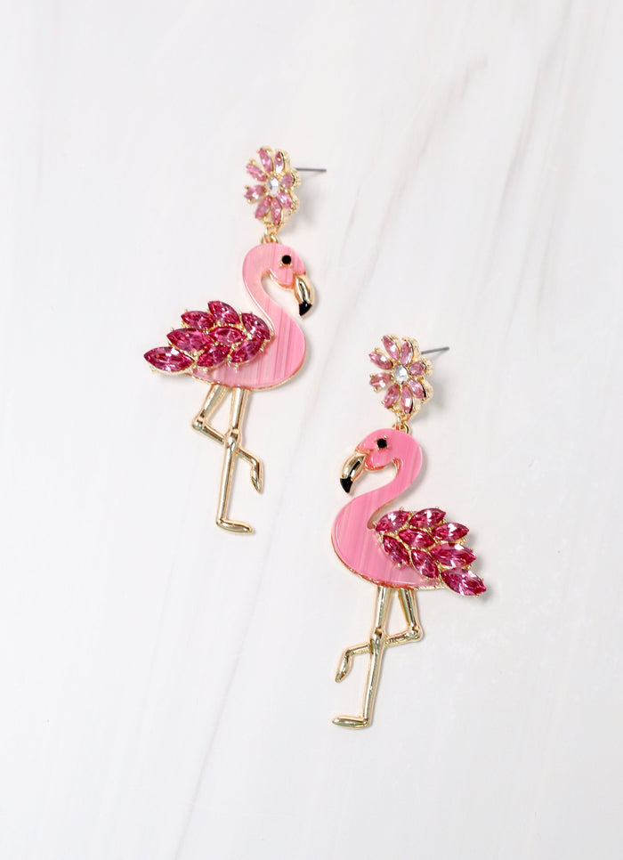 Stanley Embellished Flamingo Earring PINK - Caroline Hill
