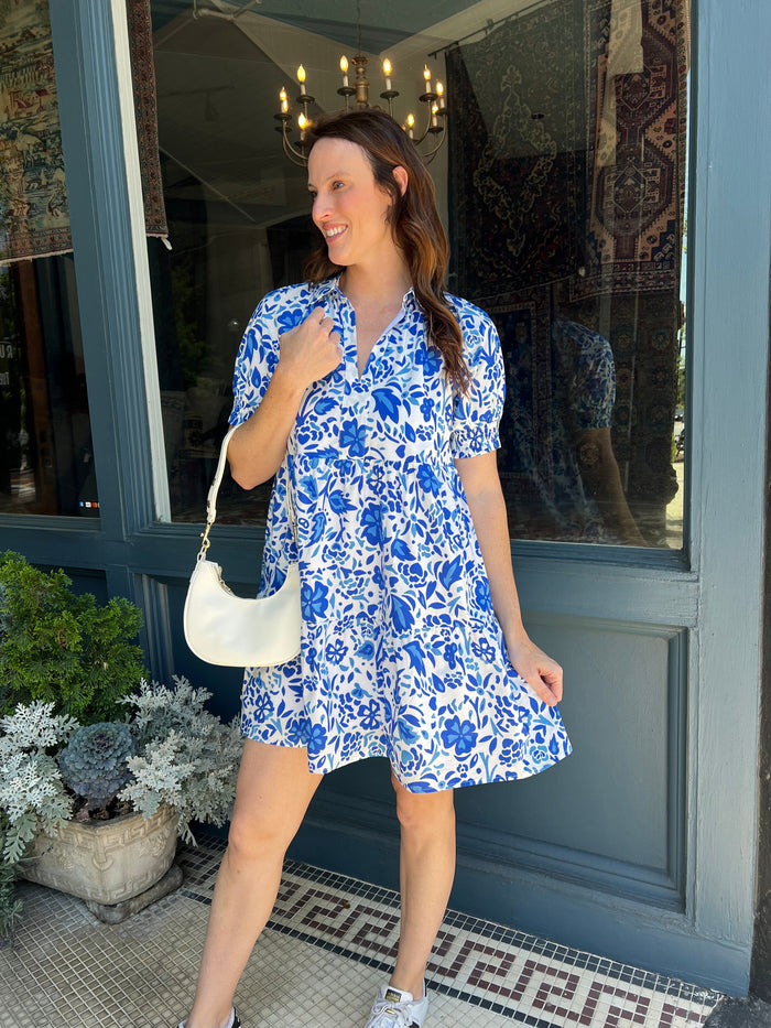 Strolling through the City Blue Printed Dress - Caroline Hill
